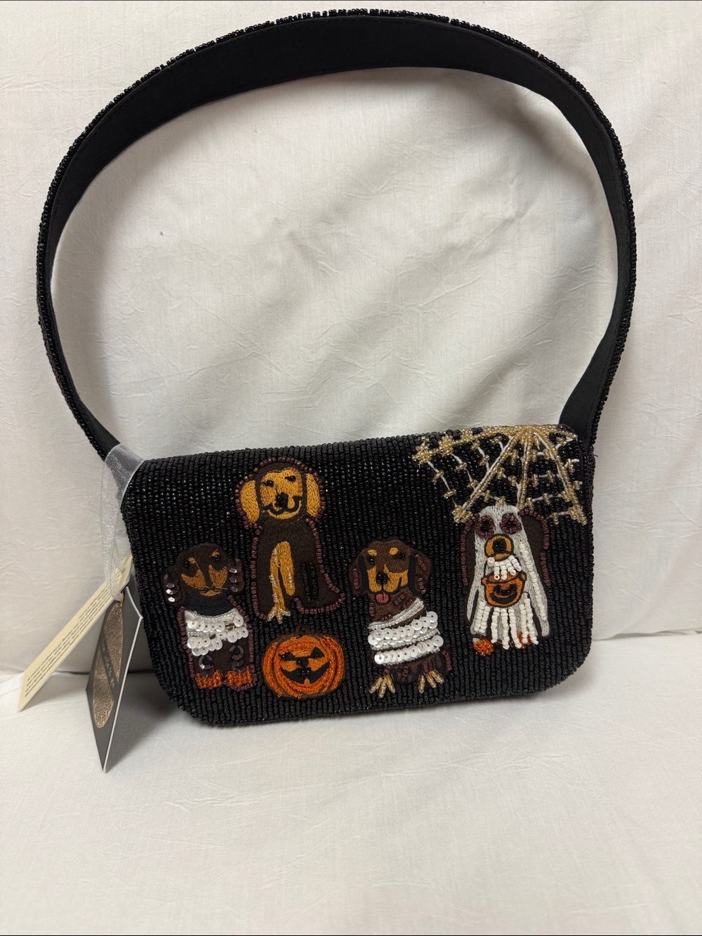 Black Beaded Shoulder Bag with Halloween Dog Motifs